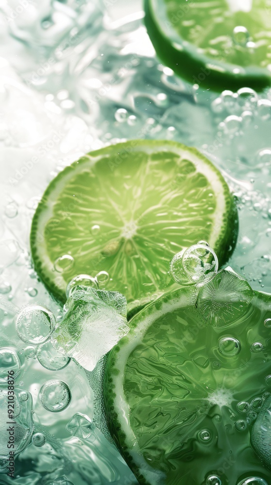 green lemon slices and ice cubes in whitewater, bubbles, light background, mobile wallpaper green lemon slices and ice cubes in whitewater, bubbles, light background, mobile wallpaper