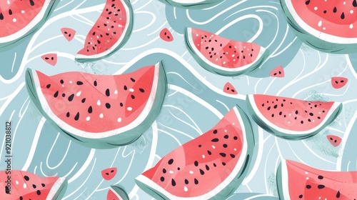 Colorful and abstract seamless pattern featuring watermelon slices on a dark blue background. Perfect for playful, modern, and vibrant designs.