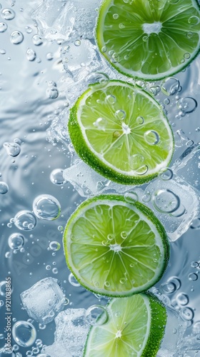 green lemon slices and ice cubes in whitewater, bubbles, light background, mobile wallpaper