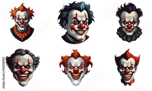 Set of cartoon horror clown character faces. vector illustration of evil clowns smile scary circus monsters. Generative AI. photo