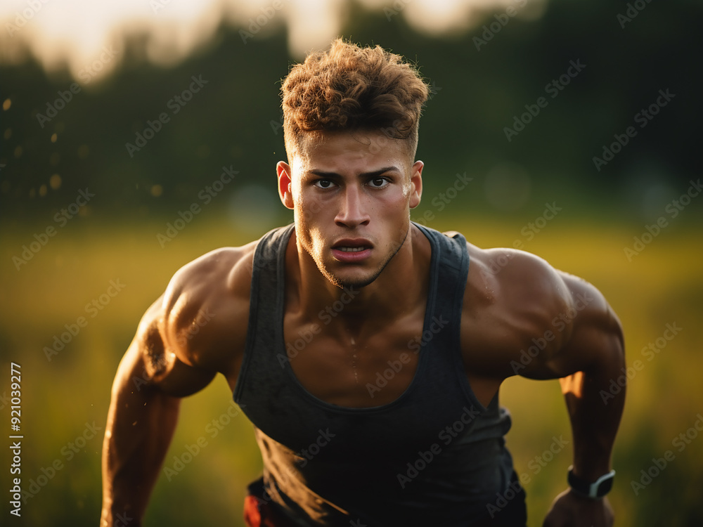 Sporty man�s legs in the start position on a stadium track, focused on the race Sporty man�s legs in the start position on a stadium track, focused on the race