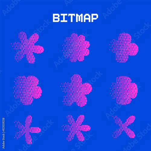 Pixel y2k geometric flowers shape set. Daisies in square pixel retro collage design. Bitmap y2k element grain. Vector illustration in 80s style