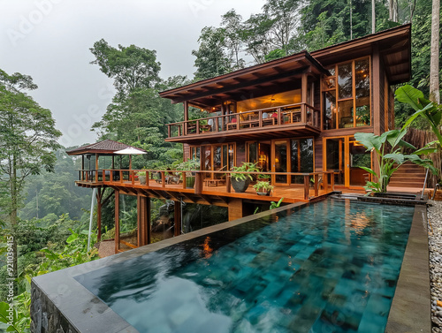 A large house with a pool and a balcony overlooking a forest. The house is surrounded by trees and has a tropical feel