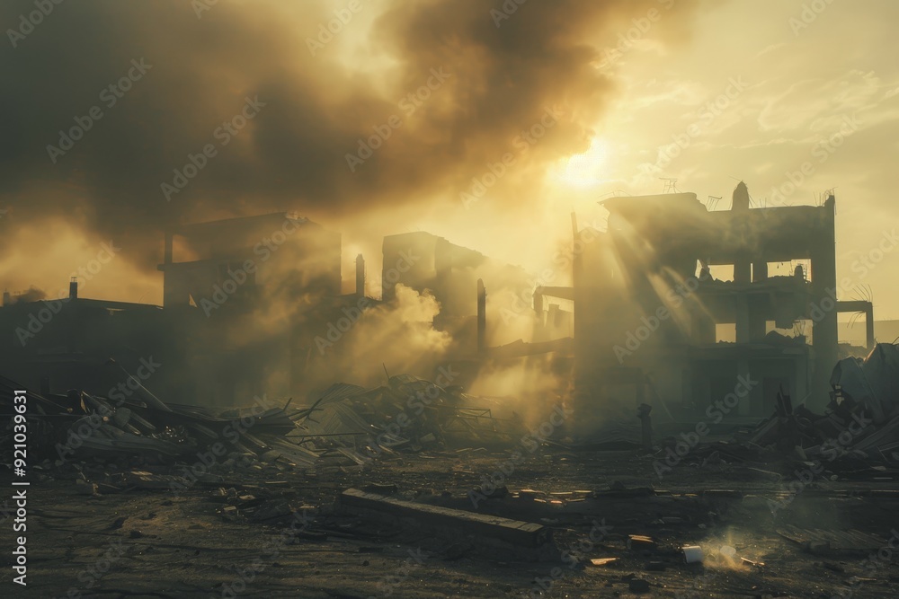Fototapeta premium A bright sun shines through swirling smoke emanating from a building, casting an ethereal glow in the atmosphere, The smell of dust and destruction in the air, AI generated