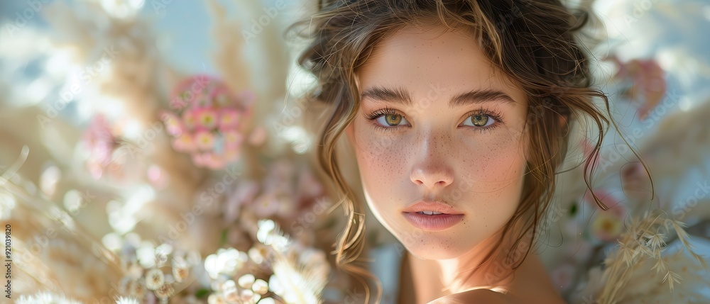 Portrait of a young woman with flowers, natural beauty, soft lighting showcasing delicate features and floral background. Portrait of a young woman with flowers, natural beauty, soft lighting showcasing delicate features and floral background.