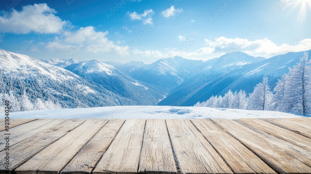 Wooden Plank Overlooking Snow-Covered Mountain Range and Blue Sky Wooden Plank Overlooking Snow-Covered Mountain Range and Blue Sky
