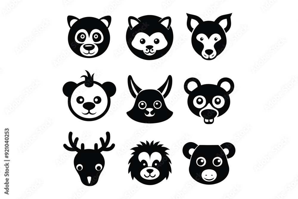 Obraz premium Bundle of animal face icons and silhouettes vector art on a white background.