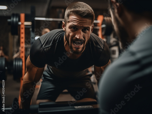 Man working hard with a personal trainer during a workout photo