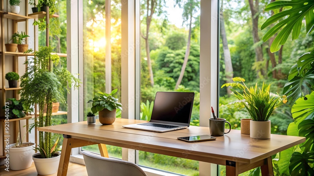 A Tranquil Home Office Oasis with Verdant Plants Generative AI A Tranquil Home Office Oasis with Verdant Plants Generative AI