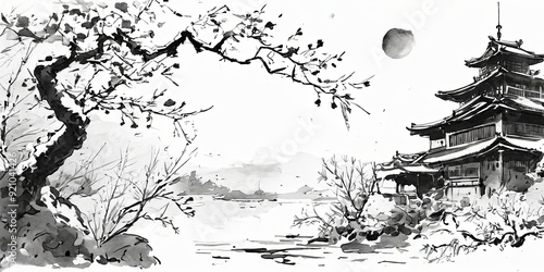 A serene landscape with a tree and a house in the background
