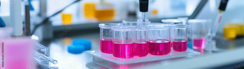 Pink liquid in laboratory test tubes on a white surface. Pink liquid in laboratory test tubes on a white surface.