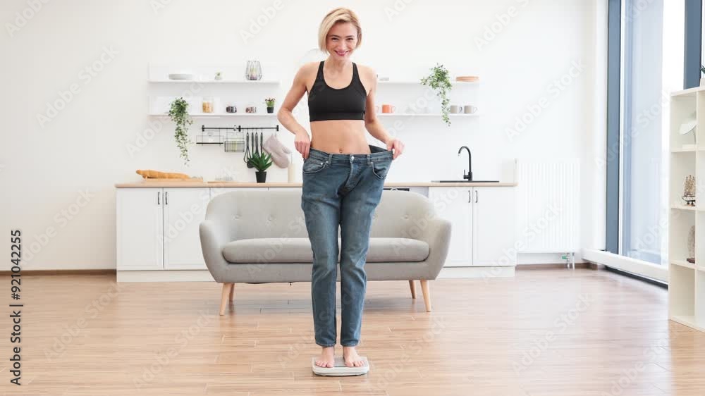 Smiling woman in sports bra stands on scale showing weight loss. Happy and proud of fitness journey. Bright modern living room setting. Smiling woman in sports bra stands on scale showing weight loss. Happy and proud of fitness journey. Bright modern living room setting.