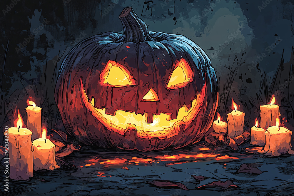 Illustration of a carved pumpkin with a sinister face, surrounded by candles. Illustration of a carved pumpkin with a sinister face, surrounded by candles.