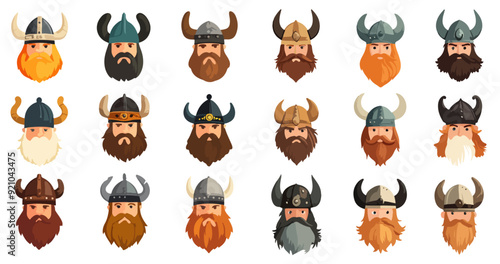 Set of Viking characters with beards in helmets