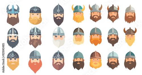Set of Viking characters with beards in helmets