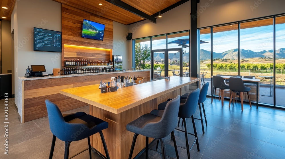 Wine tasting room with panoramic views of the vineyard, modern and inviting Wine tasting room with panoramic views of the vineyard, modern and inviting