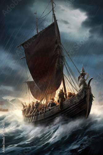 Scandinavian ship drakar with dead. Viking mythology illustration photo