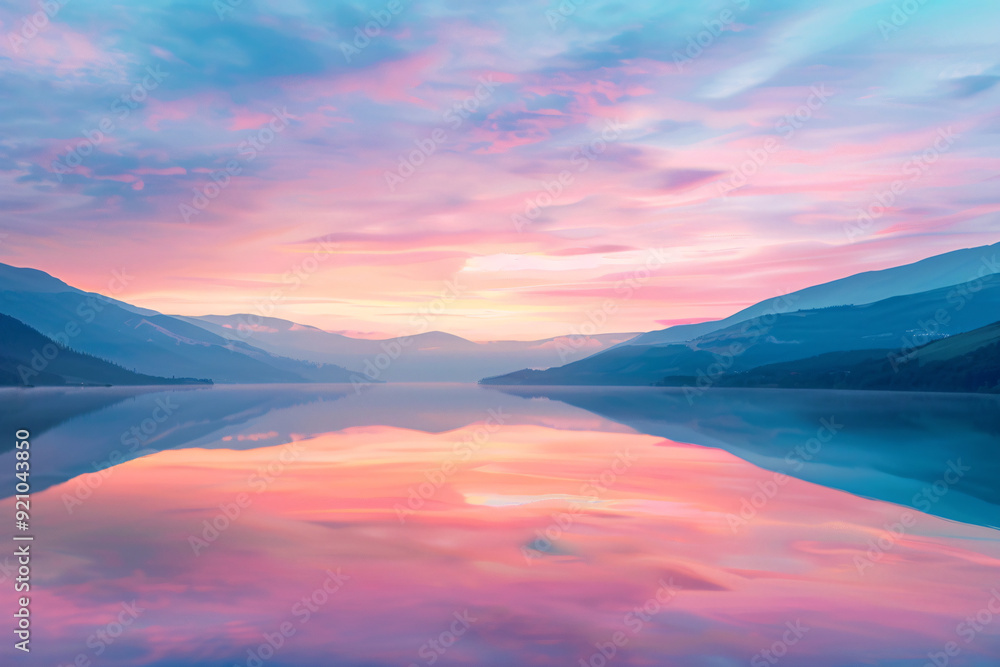 A tranquil lake mirroring the vibrant hues of a pastel sunset sky A tranquil lake mirroring the vibrant hues of a pastel sunset sky