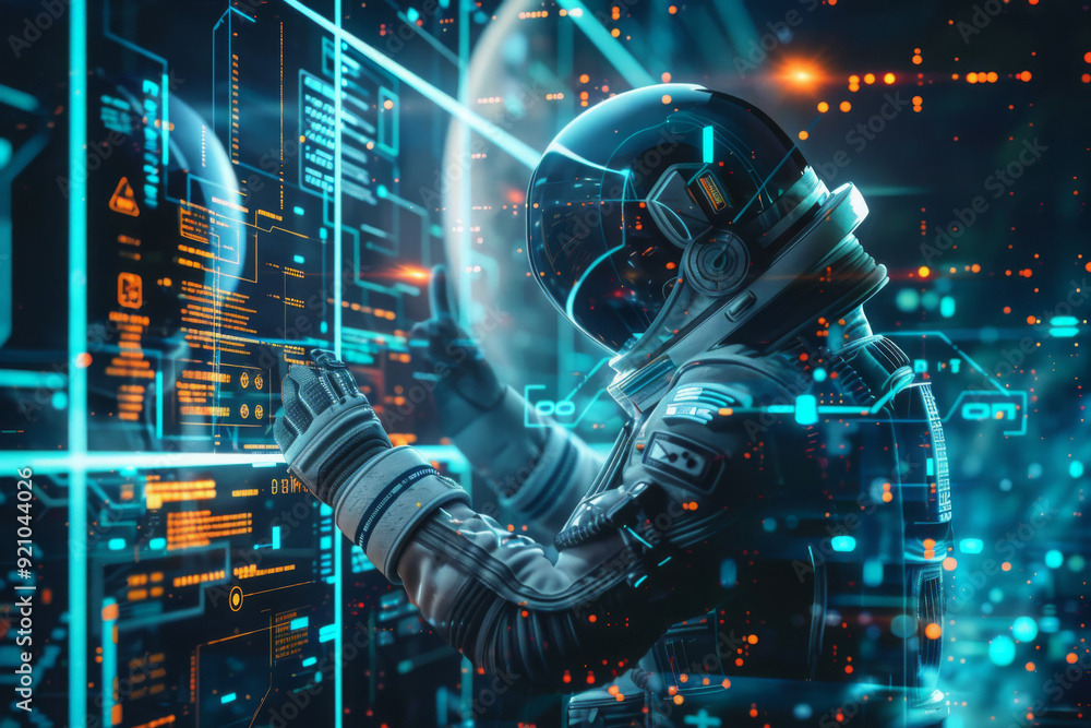 Futuristic scene with a person in a high-tech suit Futuristic scene with a person in a high-tech suit