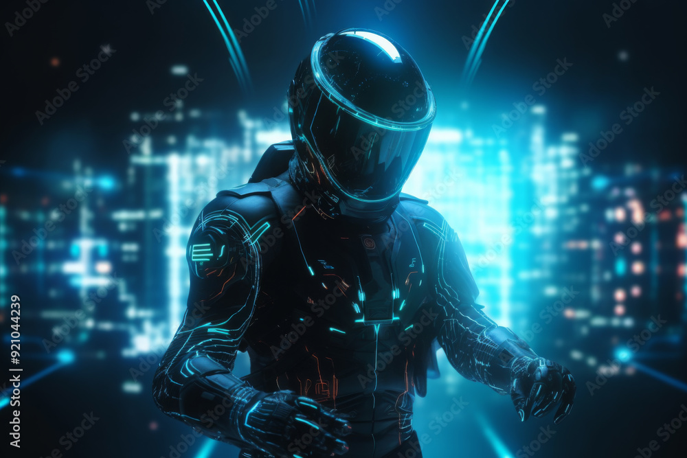 Futuristic scene with a person in a high-tech suit	