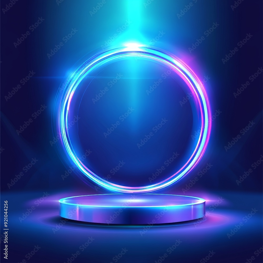 A circular teleport podium. Holograms and portals on a futuristic stage. Hyper-reality 3D interface and GUI. A circular teleport podium. Holograms and portals on a futuristic stage. Hyper-reality 3D interface and GUI.