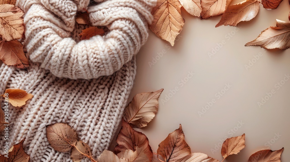 Horizontal Banner with Stack of Neutral Woolen Knitted Sweaters with Dried Light Beige Fall Leaves on Background, pastel fashion clothes concept Horizontal Banner with Stack of Neutral Woolen Knitted Sweaters with Dried Light Beige Fall Leaves on Background, pastel fashion clothes concept