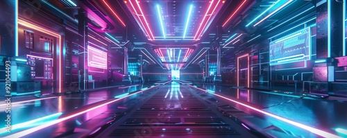 Neon lights illuminate a futuristic hallway, creating a vibrant and colorful scene.