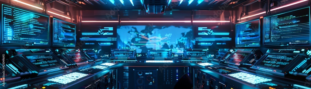Futuristic server room with glowing screens displaying data and a digital world map. Futuristic server room with glowing screens displaying data and a digital world map.