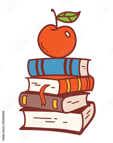 Vector color cute illustration of apple on books education back to school symbol