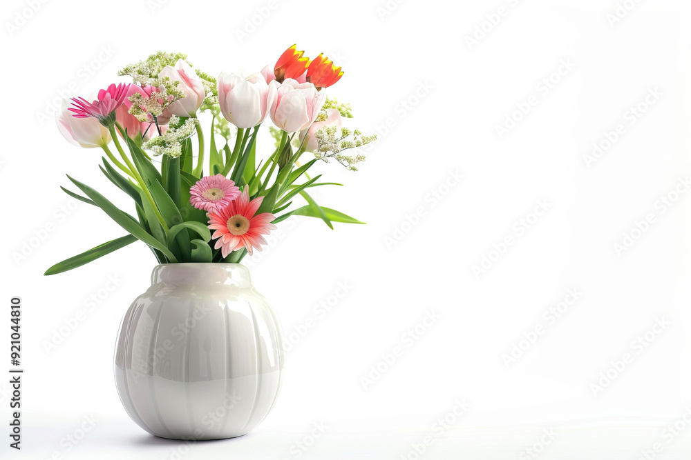 Beautiful arrangement of fresh tulips and daisies in a white ceramic vase on a clean white background Beautiful arrangement of fresh tulips and daisies in a white ceramic vase on a clean white background