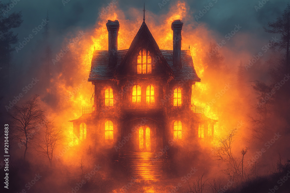 Illustration of a haunted house with glowing windows and eerie fog Illustration of a haunted house with glowing windows and eerie fog