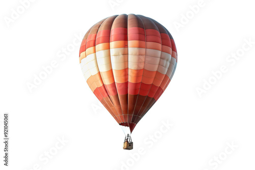 Vibrant and colorful striped hot air balloon floating serenely against a clear blue sky.