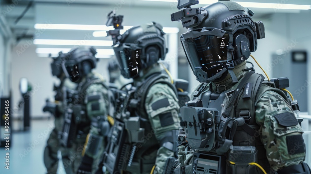 Soldiers with High-Tech Armor - Soldiers wear body armor equipped with communications and CCTV systems inside helmets. Soldiers with High-Tech Armor - Soldiers wear body armor equipped with communications and CCTV systems inside helmets.