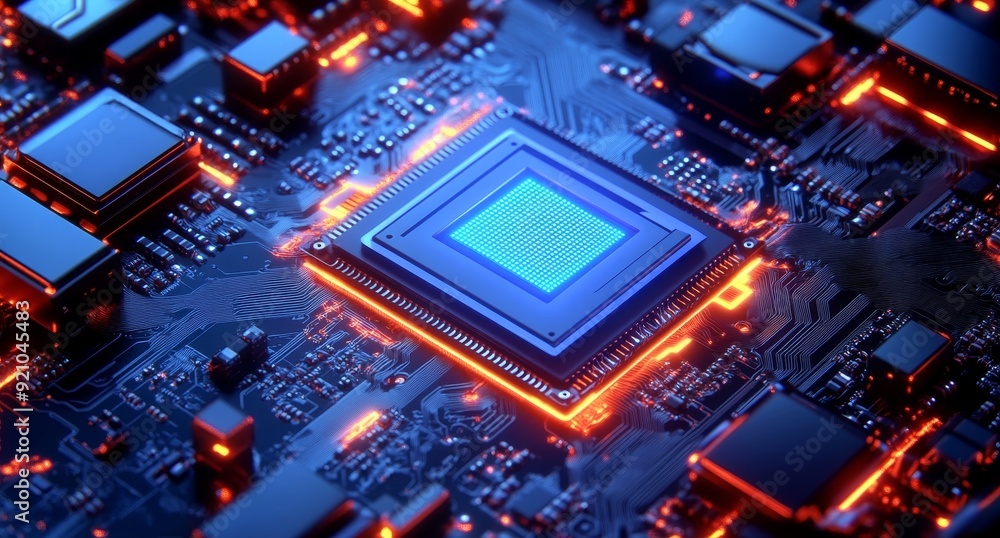Printed circuit board and flares in blue colour for a technology background. Depth of field effect and bokeh. Printed circuit board and flares in blue colour for a technology background. Depth of field effect and bokeh.