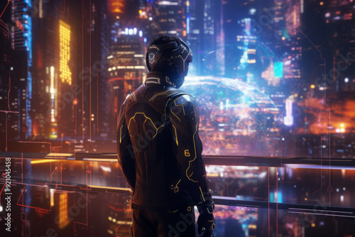 Futuristic scene with a person in a high-tech suit