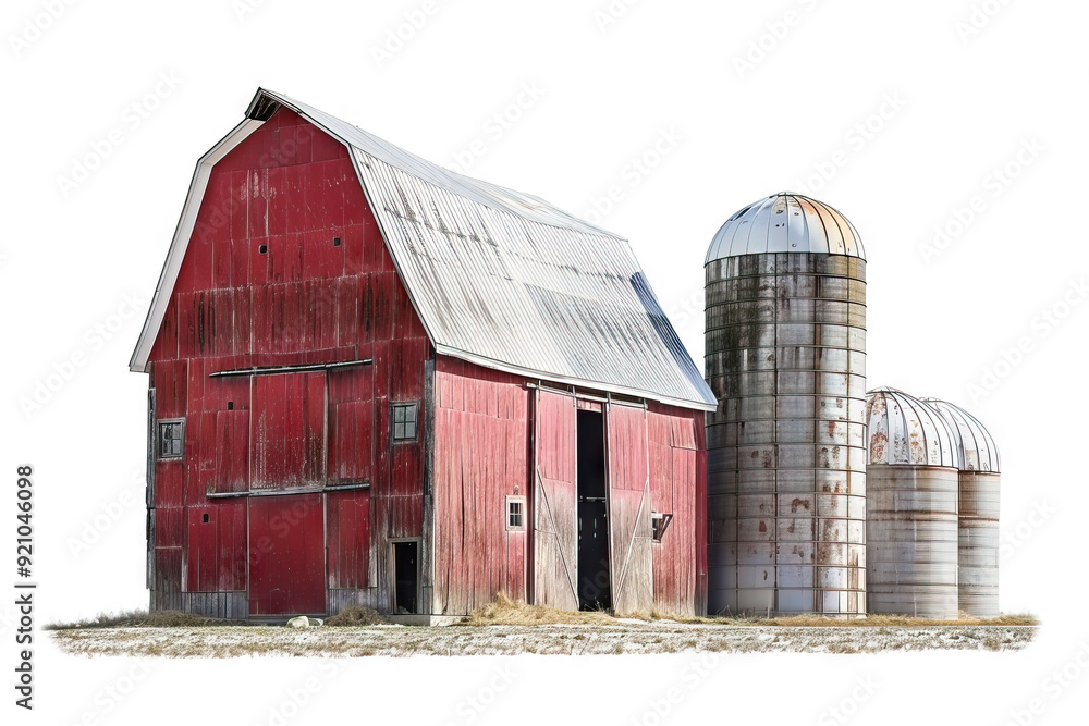 Rustic Red Farmhouse with Silos on a White Background, Ideal for Rural and Agricultural Themes Rustic Red Farmhouse with Silos on a White Background, Ideal for Rural and Agricultural Themes