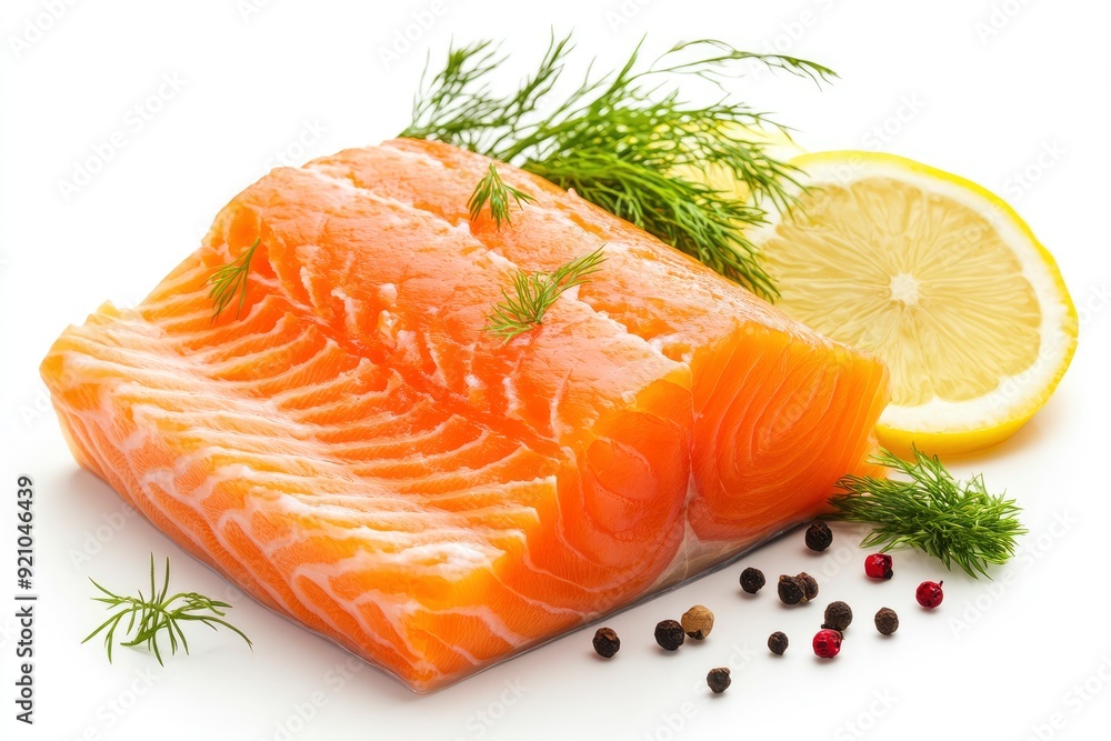 Juicy slice of fresh salmon with ingredients closeup isolated on a white background - generative ai Juicy slice of fresh salmon with ingredients closeup isolated on a white background - generative ai