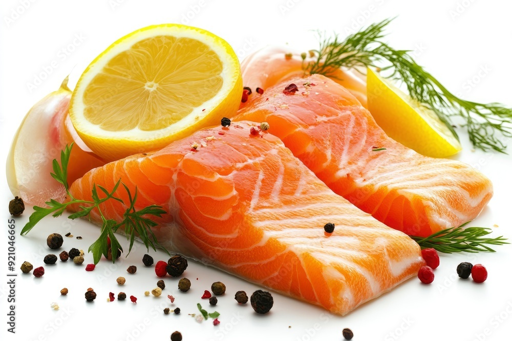 Juicy slice of fresh salmon with ingredients closeup isolated on a white background - generative ai Juicy slice of fresh salmon with ingredients closeup isolated on a white background - generative ai