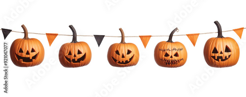 A festive Halloween decoration featuring a row of smiling pumpkins with a colorful banner, perfect for autumn celebrations.