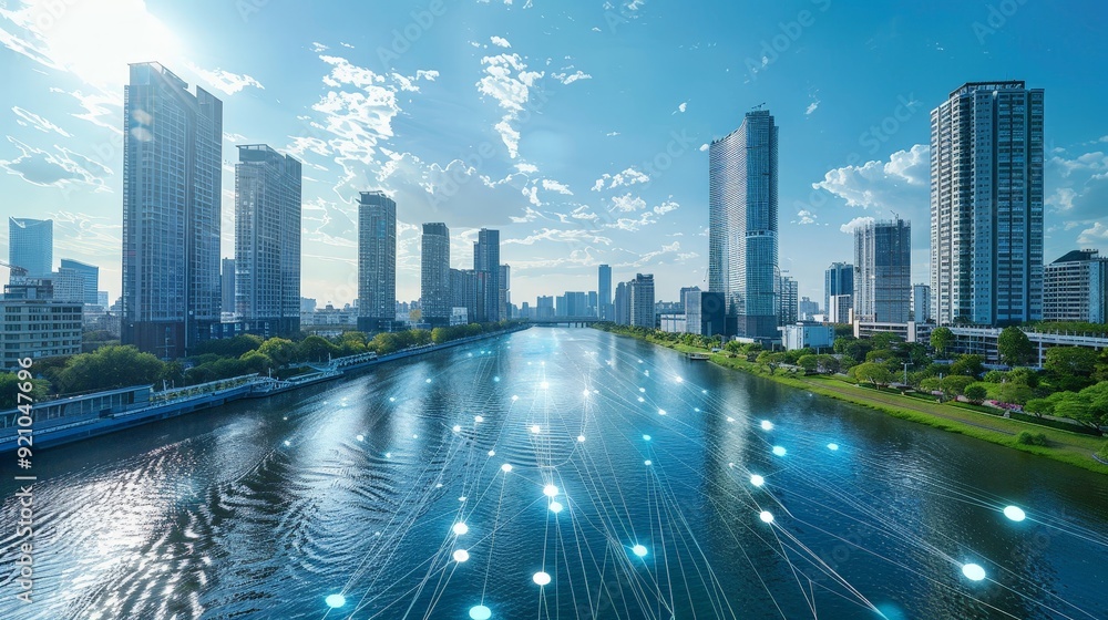 A smart city riverfront with integrated flood management systems and ...