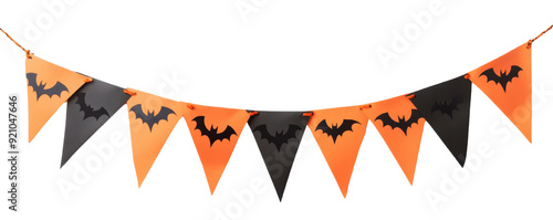 Festive Halloween bunting featuring orange and black flags with bat designs, perfect for spooky celebrations and decorations.