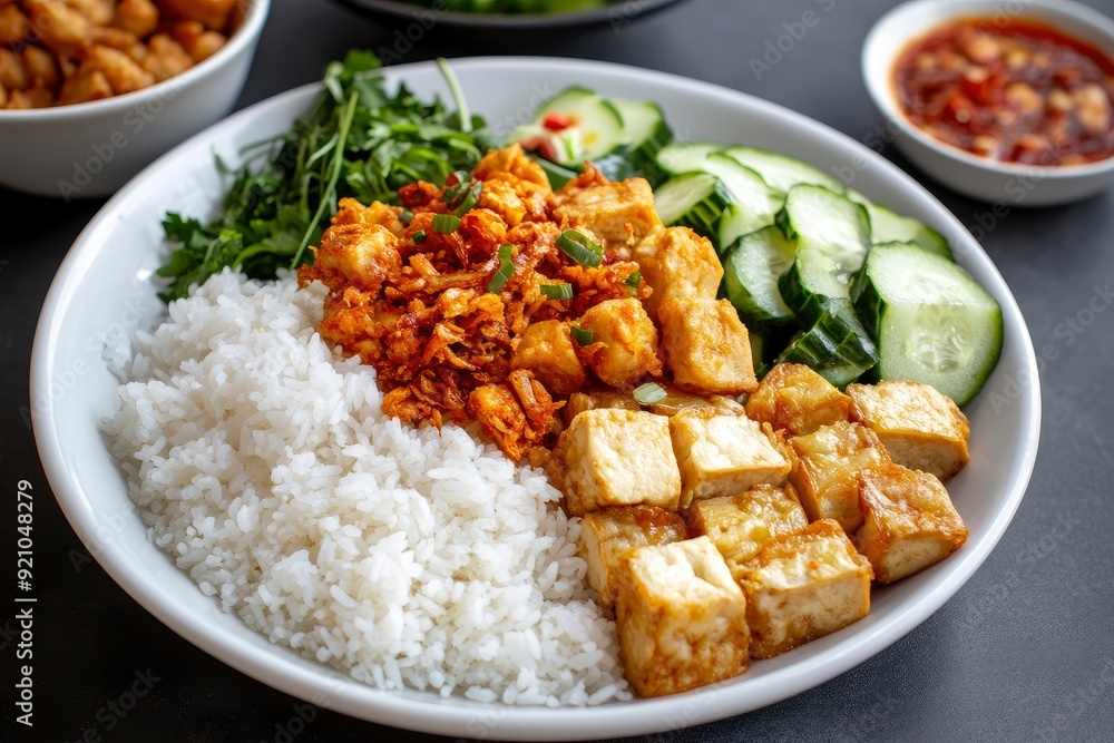 Rice with shredded fried chicken, tempeh, tofu, cucumber salad and chili sauce. Indonesian food - generative ai Rice with shredded fried chicken, tempeh, tofu, cucumber salad and chili sauce. Indonesian food - generative ai