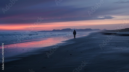 A solitary figure walking along a deserted beach at dawn, the sky painted with the first light of day.