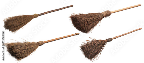 Set of Mystical Broomstick for Halloween Witch 3D Render Isolated on Transparent Background photo