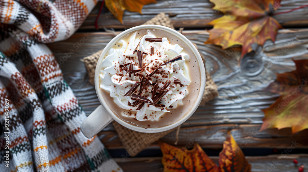 a cozy autumn spiked hot chocolate, topped with whipped cream and chocolate shavings, served in a festive mug, set on a wooden table with fall leaves and a plaid blanket a cozy autumn spiked hot chocolate, topped with whipped cream and chocolate shavings, served in a festive mug, set on a wooden table with fall leaves and a plaid blanket