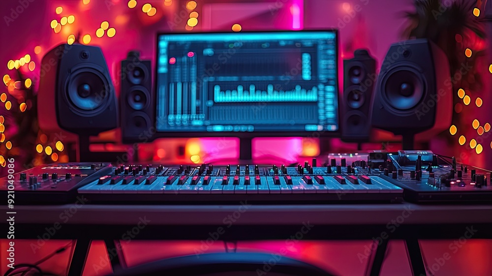 Modern music studio with soundproof walls bright lights and comfortable equipment. Concept Music Production, Soundproof Walls, Bright Lights, Comfortable Equipment, Modern Studio Modern music studio with soundproof walls bright lights and comfortable equipment. Concept Music Production, Soundproof Walls, Bright Lights, Comfortable Equipment, Modern Studio