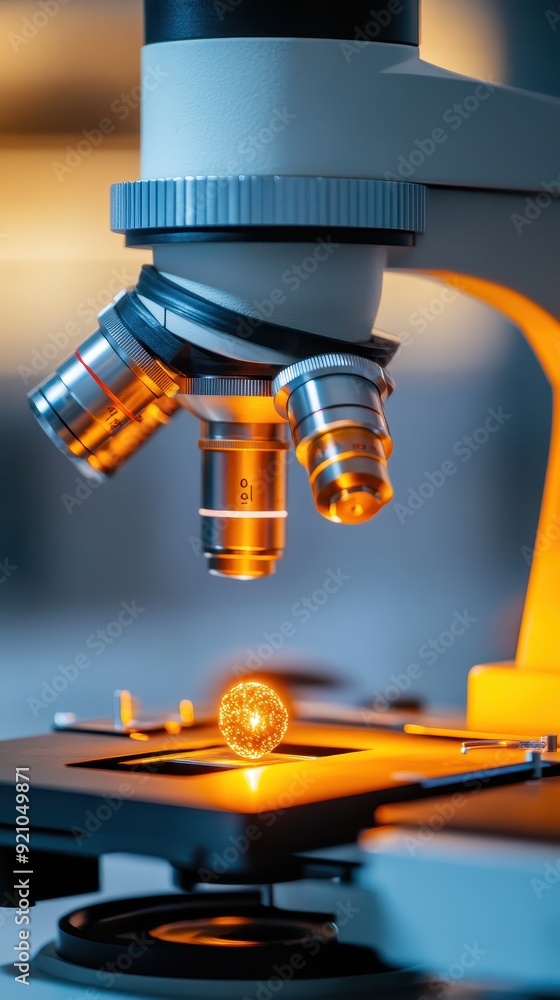 Close-up of a laboratory microscope with a light source illuminating a specimen slide for scientific research and analysis. Close-up of a laboratory microscope with a light source illuminating a specimen slide for scientific research and analysis.