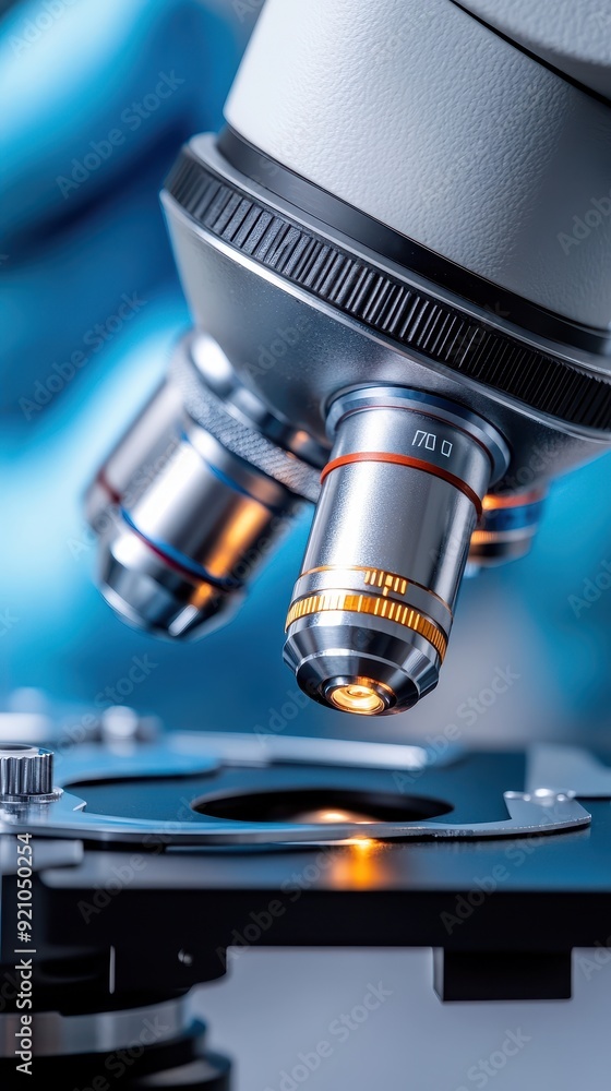 Close-up of a microscope's objective lenses highlighting precision in scientific research and laboratory work. Close-up of a microscope's objective lenses highlighting precision in scientific research and laboratory work.