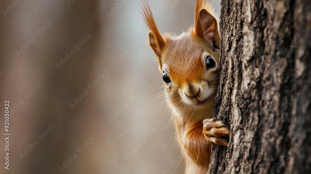 Obraz premium A curious squirrel peeking from behind a tree