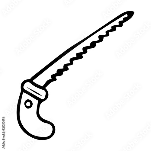 Hacksaw hand drawn in doodle style. Mini saw. Camp equipment. Sawing wood. Vector line art illustration.